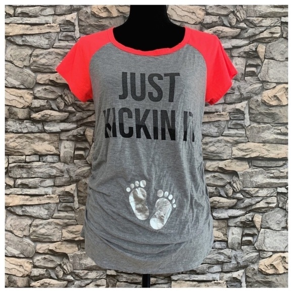 #73 Gemstone Maternity Just Kickin It Neon Metallic Feet Top Blouse Tee Shirt - Picture 1 of 3